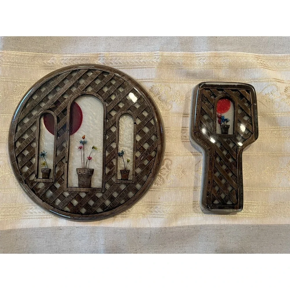 VTG MCM Lucite Trivet & Spoon Rest Matching Set Flowers Wood Lattice & Red Sun